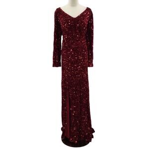 Elegant Burgundy Sequin Maxi Dress - Long Sleeve V-Neck